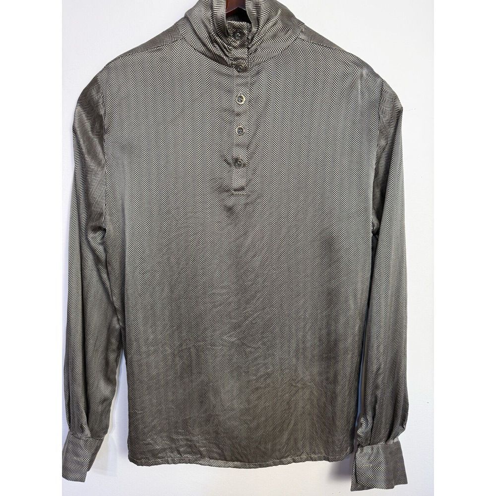 Carlisle Women's Silk Blouse Shirt Hi Neck Black Geometric‎ Long Sleeve Sz 4